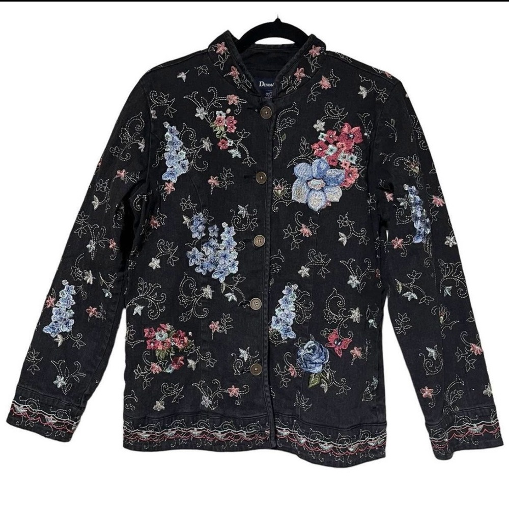 Denim & Co Black Floral Jean Jacket